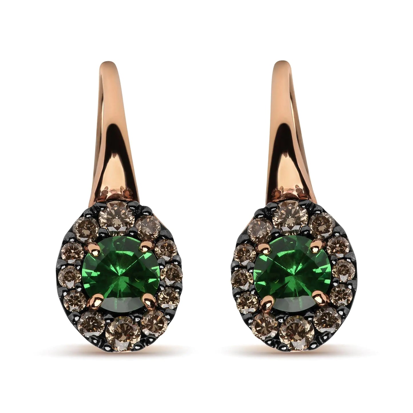 Rose-and-White Gold Round Brown Diamonds and Round Green Tsavorite Halo Drop-Hoop Earrings