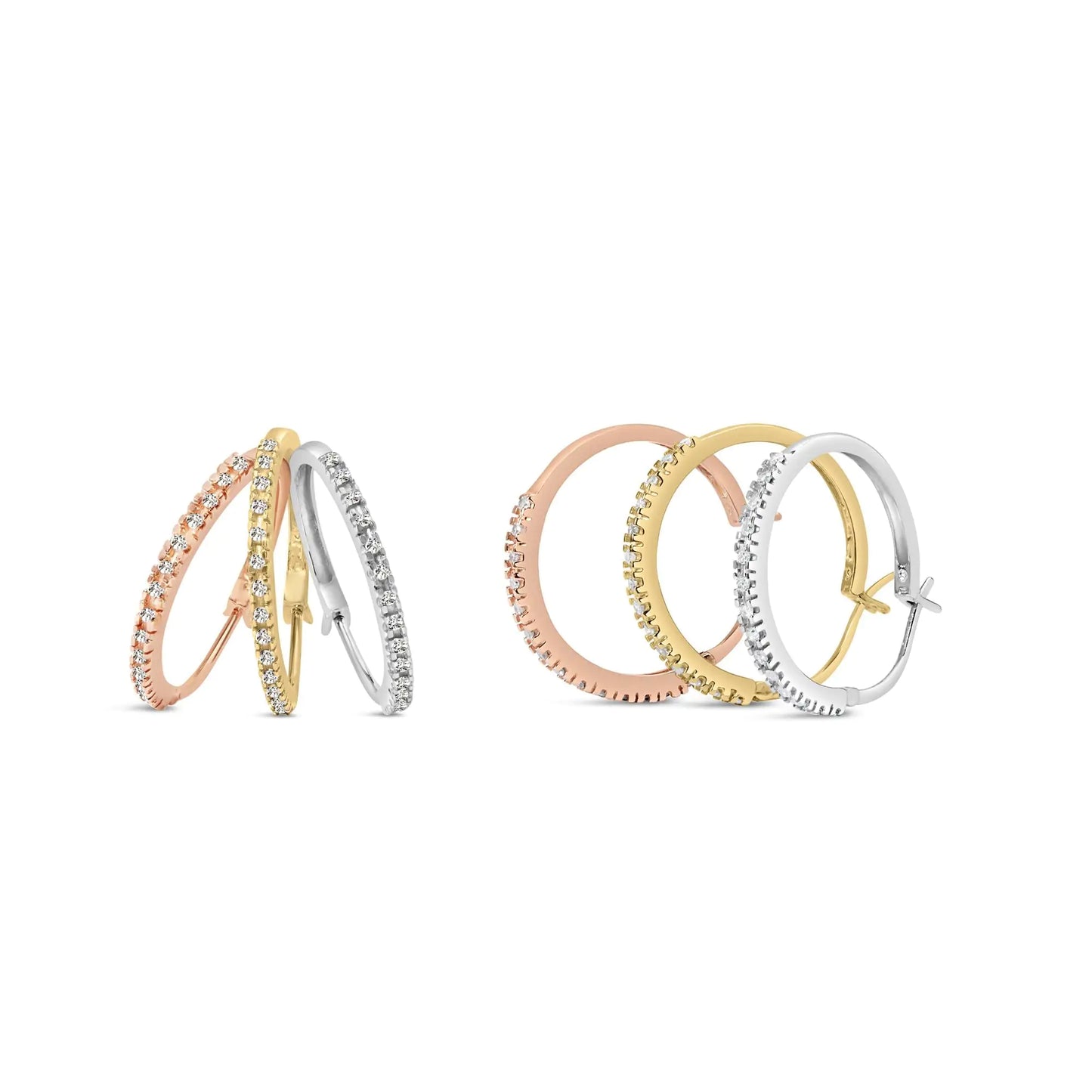 Yellow-and-White-and-Rose Gold Diamond Triple-Hoop Earrings