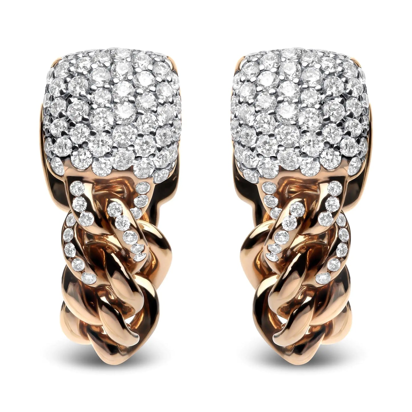 Rose Gold Round Diamond Cuban-Chain Huggie Earrings