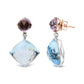 White-and-Rose Gold Diamond with Round Pink Rose-de-France Amethyst and Cushion-Cut Sky-Blue Topaz Gemstone Dangle Earrings