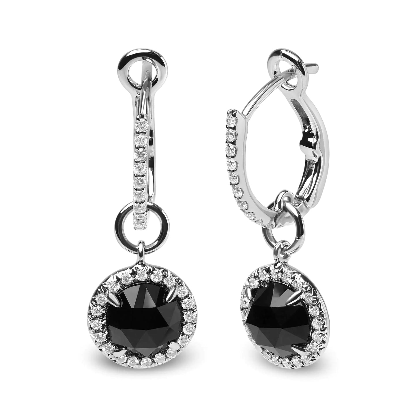 White Gold Diamond and Round Black Onyx Gemstone Halo Dangle Hoop Earrings