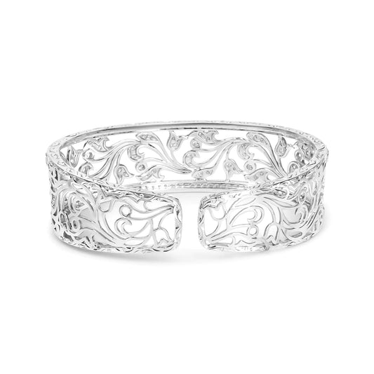 White Gold Pavé Diamond Openwork Floral Filigree Swirl Bangle Cuff Bracelet