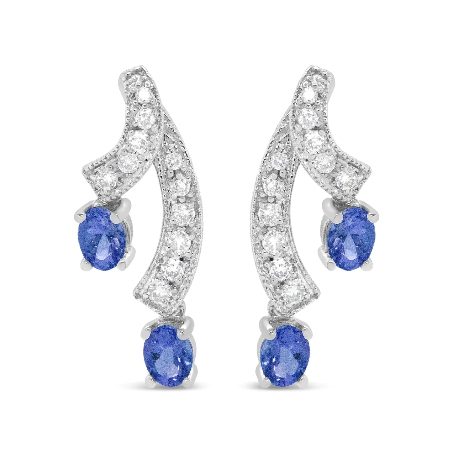 White Gold Oval-Shaped Natural Blue Tanzanite Gemstone and Diamond Double Drop Stud Earrings