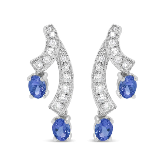 White Gold Oval-Shaped Natural Blue Tanzanite Gemstone and Diamond Double Drop Stud Earrings