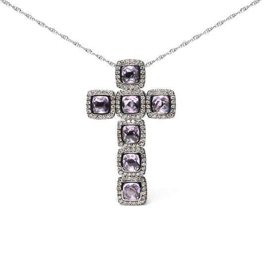 Black-Rhodium-Plated Rose Gold Amethyst Halo Cross Pendant Necklace