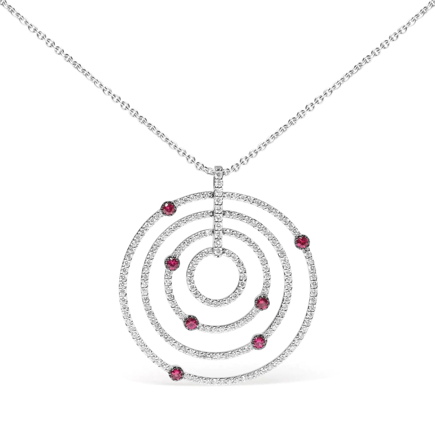 White Gold Pavé-Set Diamonds and Red Ruby Openwork Circles Pendant Necklace