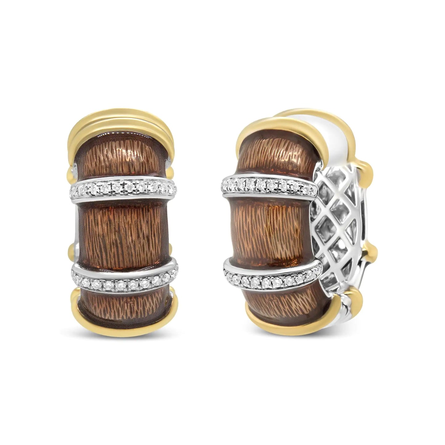 Yellow-and-White Gold Flash-Plated Silver Clear Brown Enamel Round Diamond Huggie Hoop Earrings