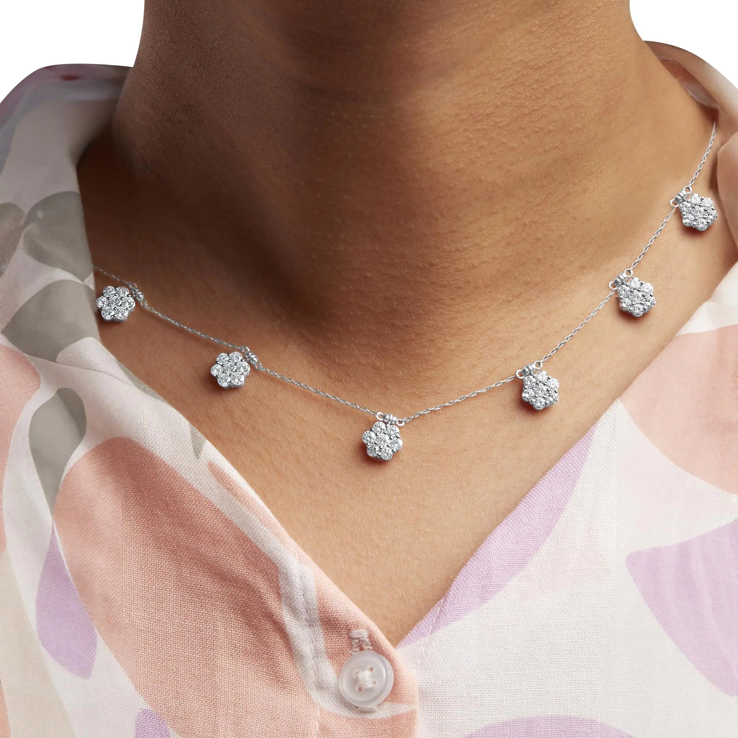 White Gold Round-Cut Diamond Seven-Stone Cluster Station Necklace