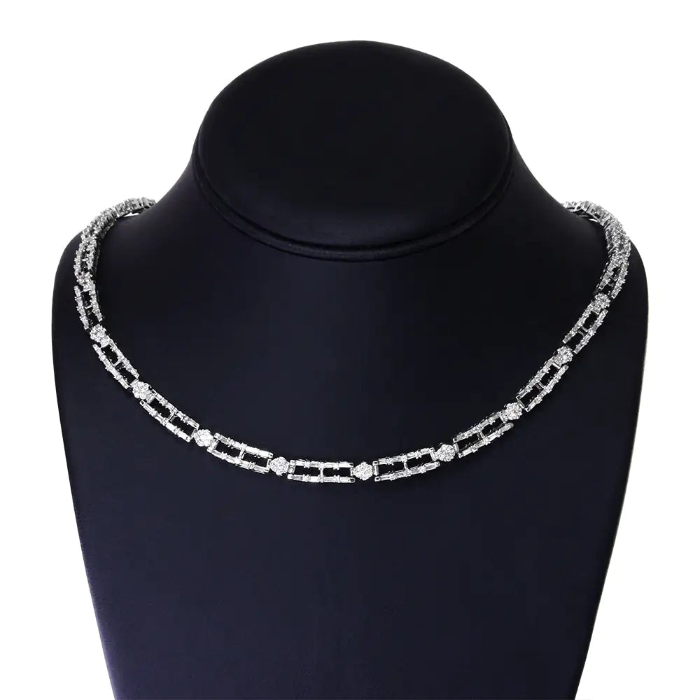 White Gold Diamond Alternating Bar and Floral-Cluster Link Necklace