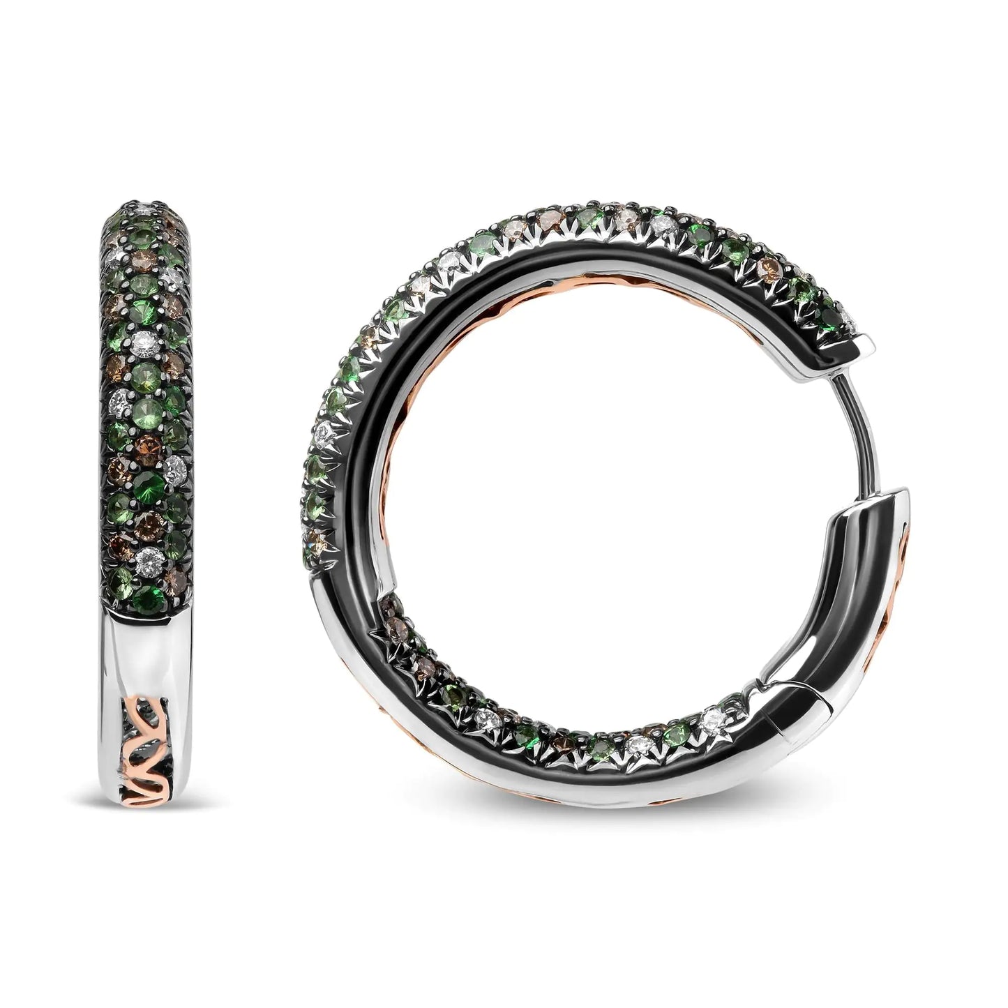 White Gold Brown-and-White Diamond and Round Green Tsavorite Inside-Outside Hoop Earrings