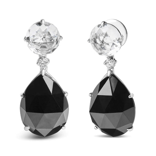 White Gold Diamond with Round White Topaz and Pear-Cut Black Onyx Dangle Earrings