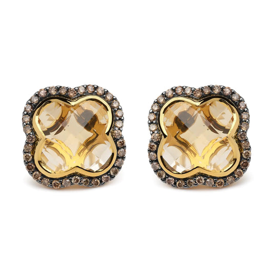 Yellow Gold Diamond and Citrine Clover Halo Stud Earrings