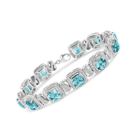 Silver Blue Topaz and Diamond Square-Shape Tennis Bracelet