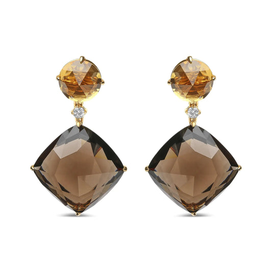 Yellow Gold Diamond with Citrine and Smoky Quartz Dangle Earrings