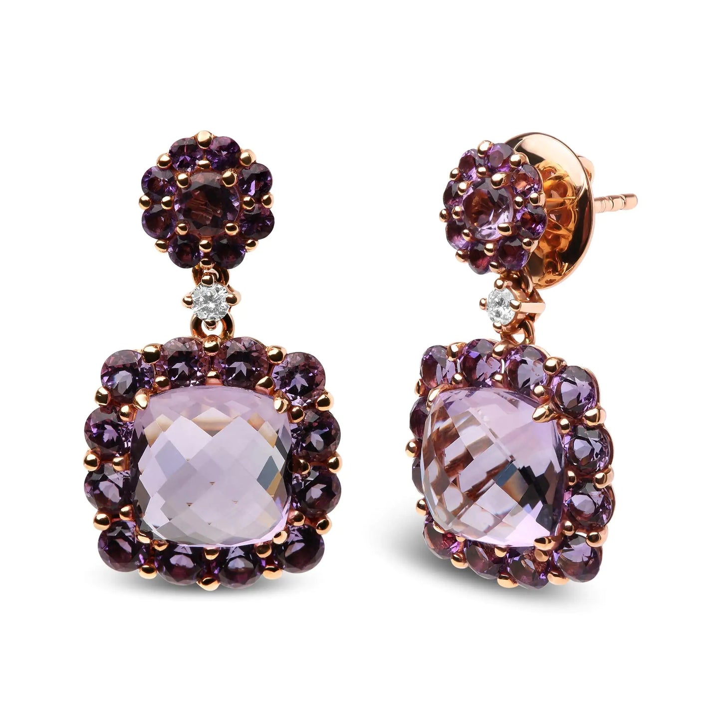 Rose Gold Diamond Accent and Pink and Purple Amethyst Halo Dangle-Drop Earrings