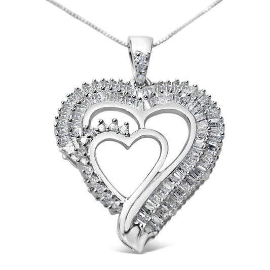 Silver Round and Baguette Diamond Double Heart Pendant Necklace