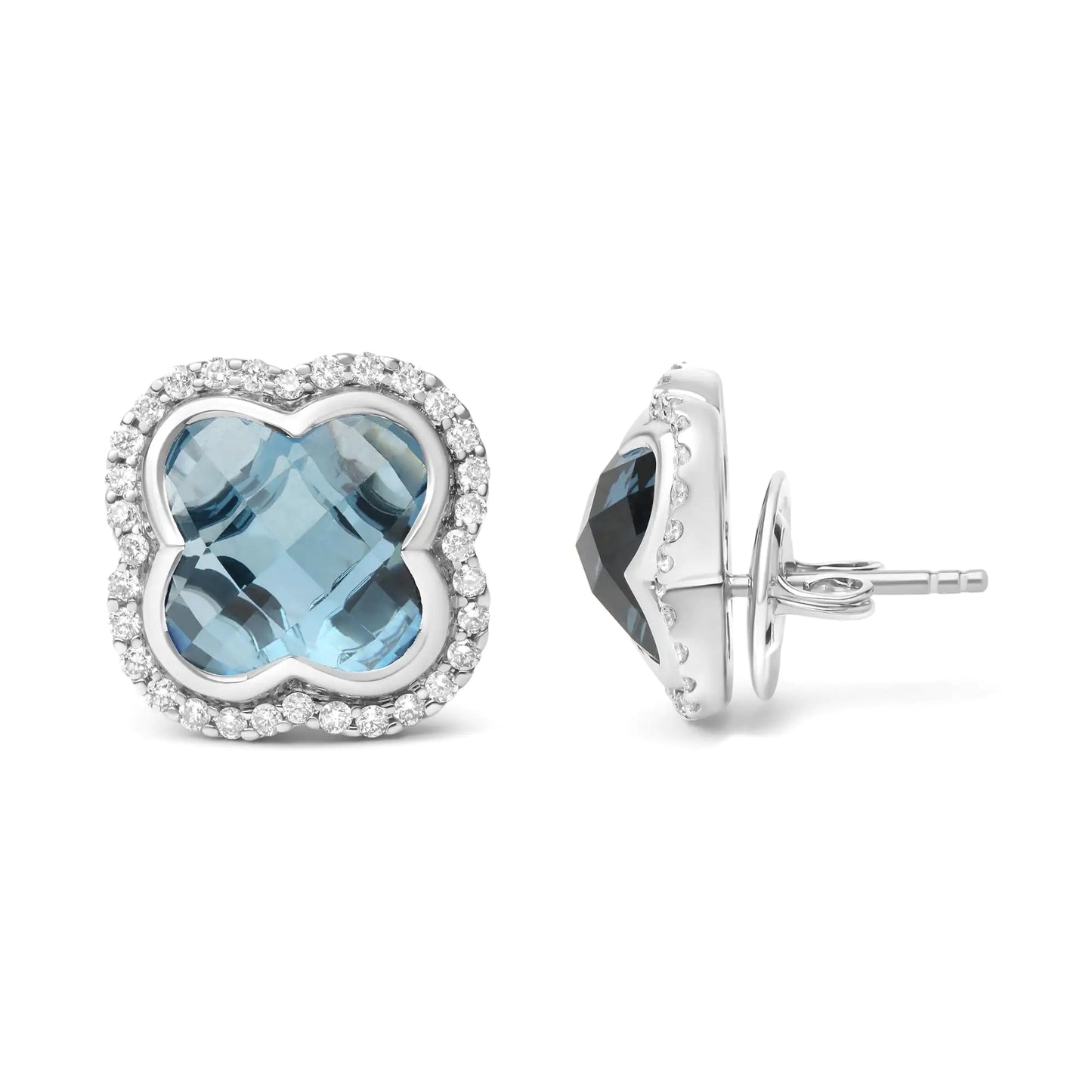 White Gold Diamond and Clover-Cut London Blue Topaz Gemstone Halo Clover Stud Earrings