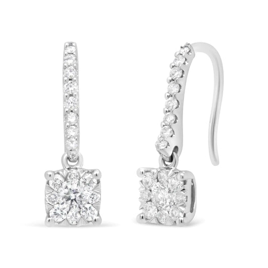 White Gold Round-Cut Diamond Halo Dangle Hook Earrings