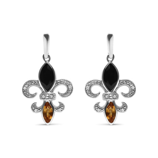 Silver Marquise-Cut Onyx and Citrine with Diamond Accent Fleur-de-Lis Drop-Stud Earrings