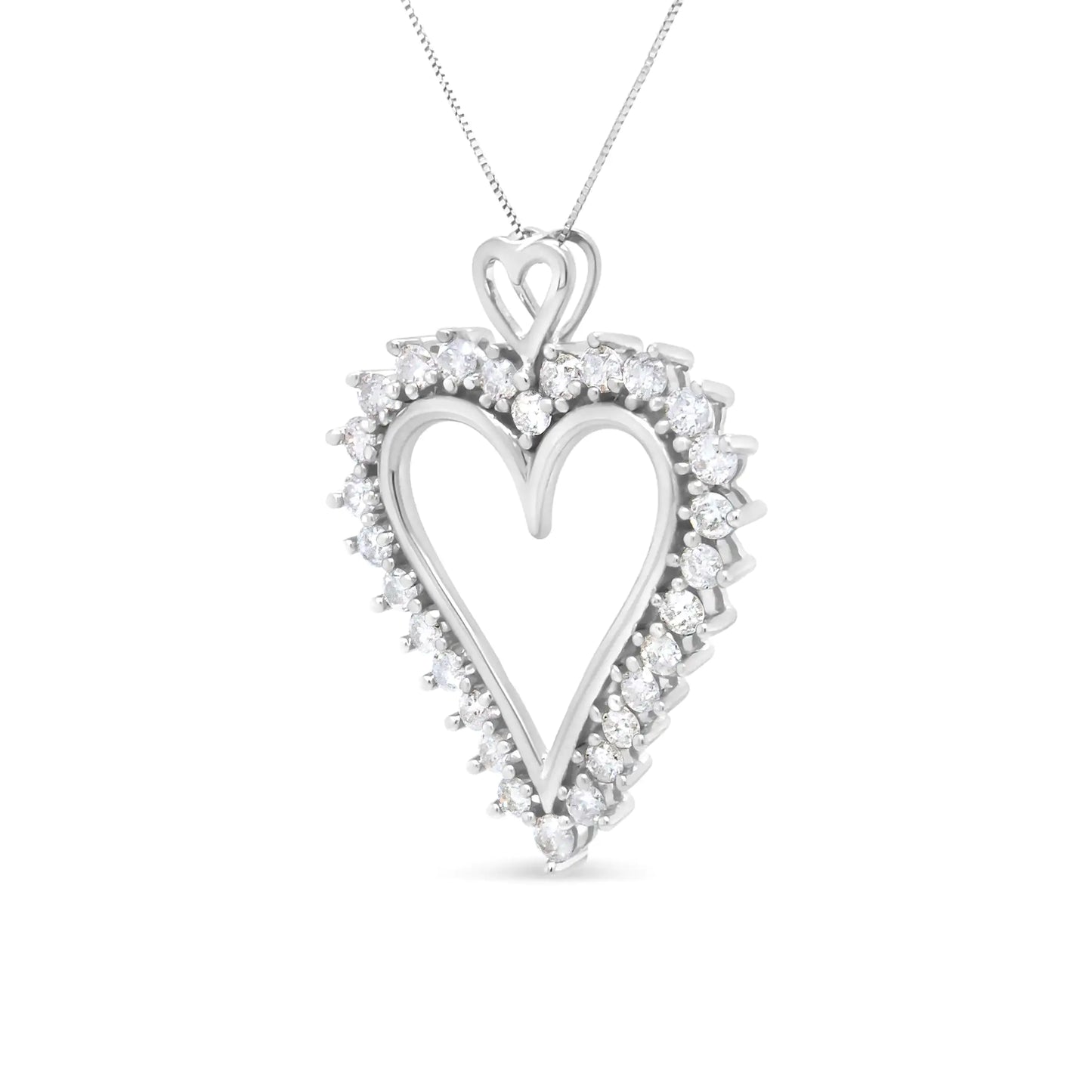 Silver Round Diamond-Lined Open-Heart Pendant Necklace