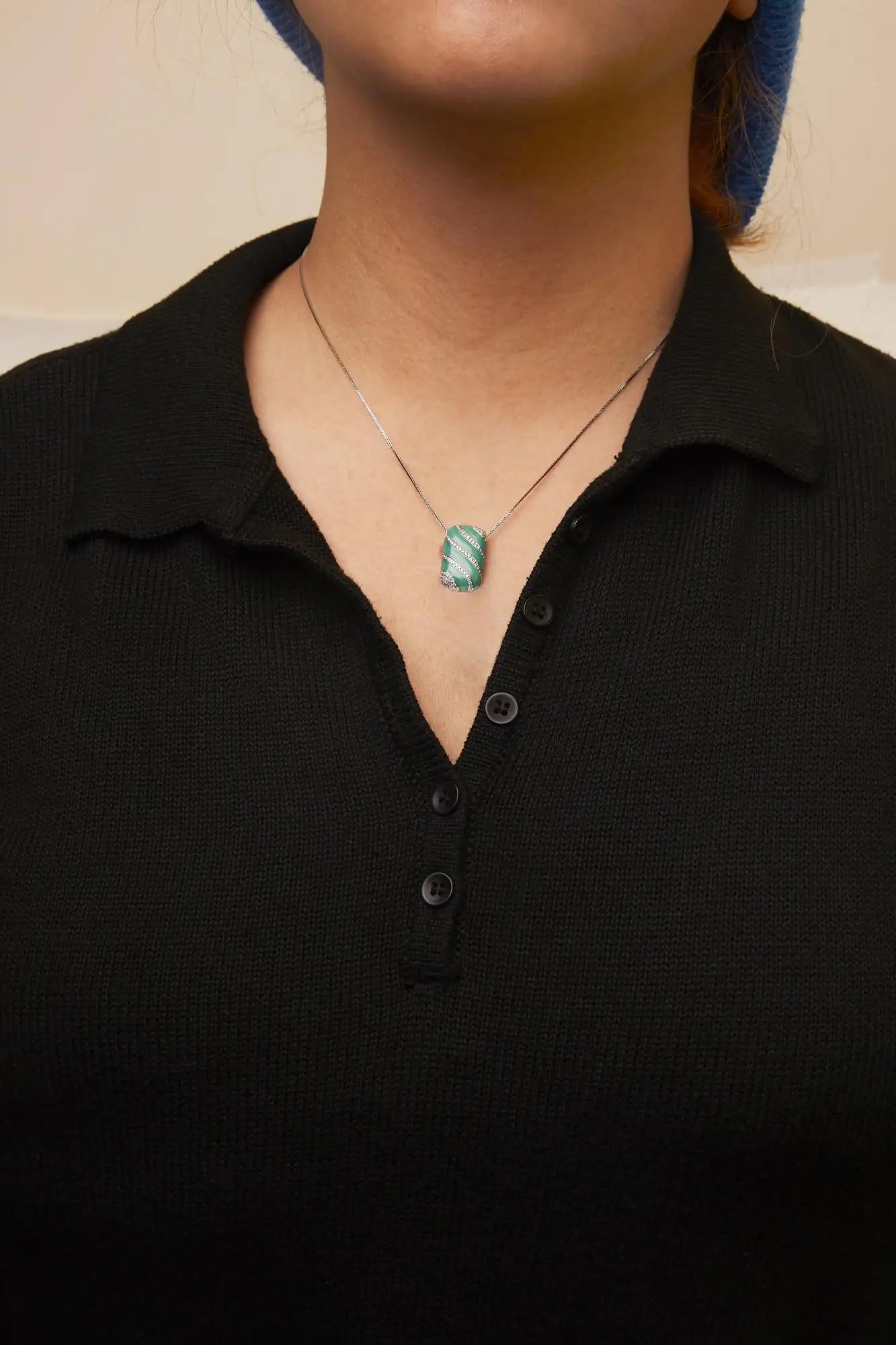 Silver Turquoise-Enamel and Diamond-Block Pendant Necklace