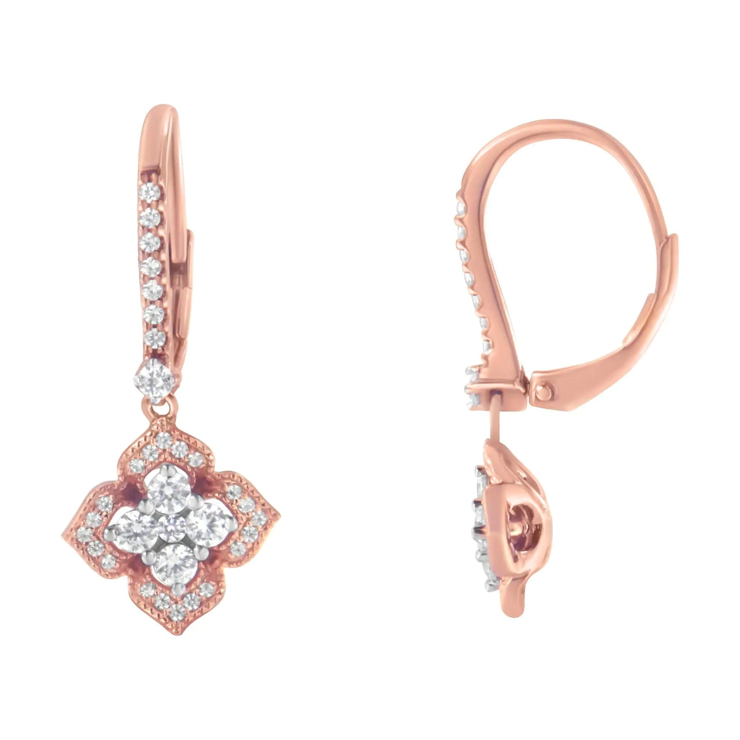 Rose Gold Diamond Flower Drop-Dangle Earrings