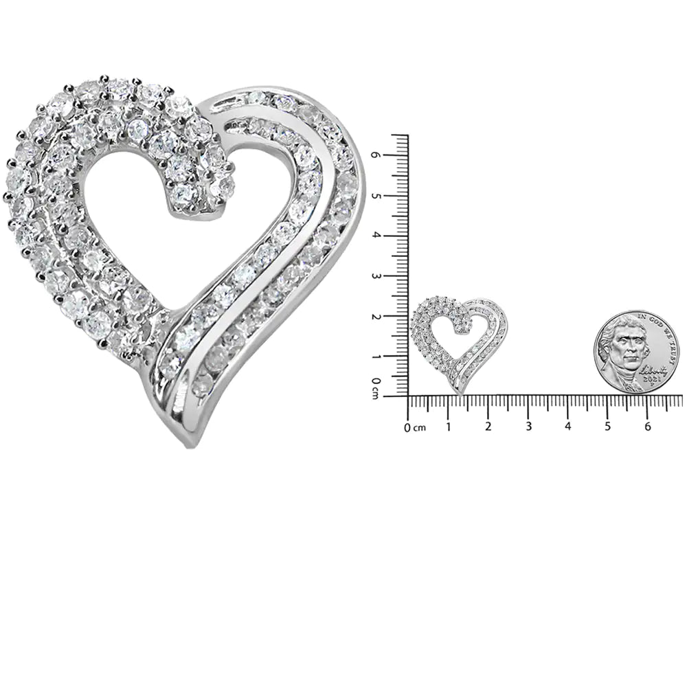 Silver Prong- and Channel-Set Diamond Open-work Ribbon-Heart Pendant Necklace