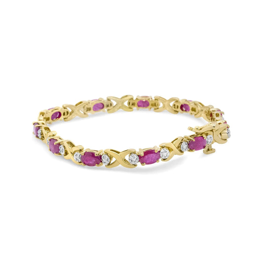 Yellow Gold Diamond and Red Ruby Alternating X-Link Bracelet