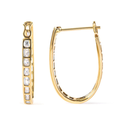 Yellow Gold Round-and-Baguette-Cut Diamond U-Hoop Earrings