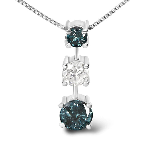 White Gold Blue-and-White Diamond Three-Stone Pendant Necklace