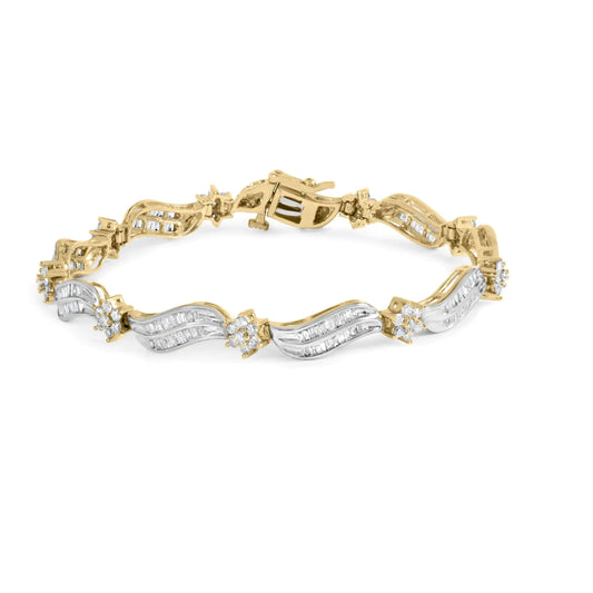 Yellow-and-White Gold Diamond Cluster and Wave-Link Bracelet