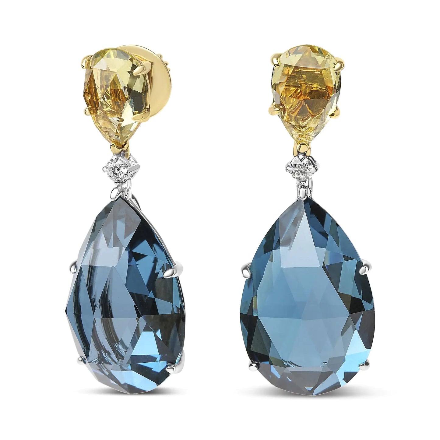 White-and-Yellow Gold Diamond with Pear-Cut Lemon Quartz and Pear-Cut London Blue Topaz Gemstone Dangle Earrings