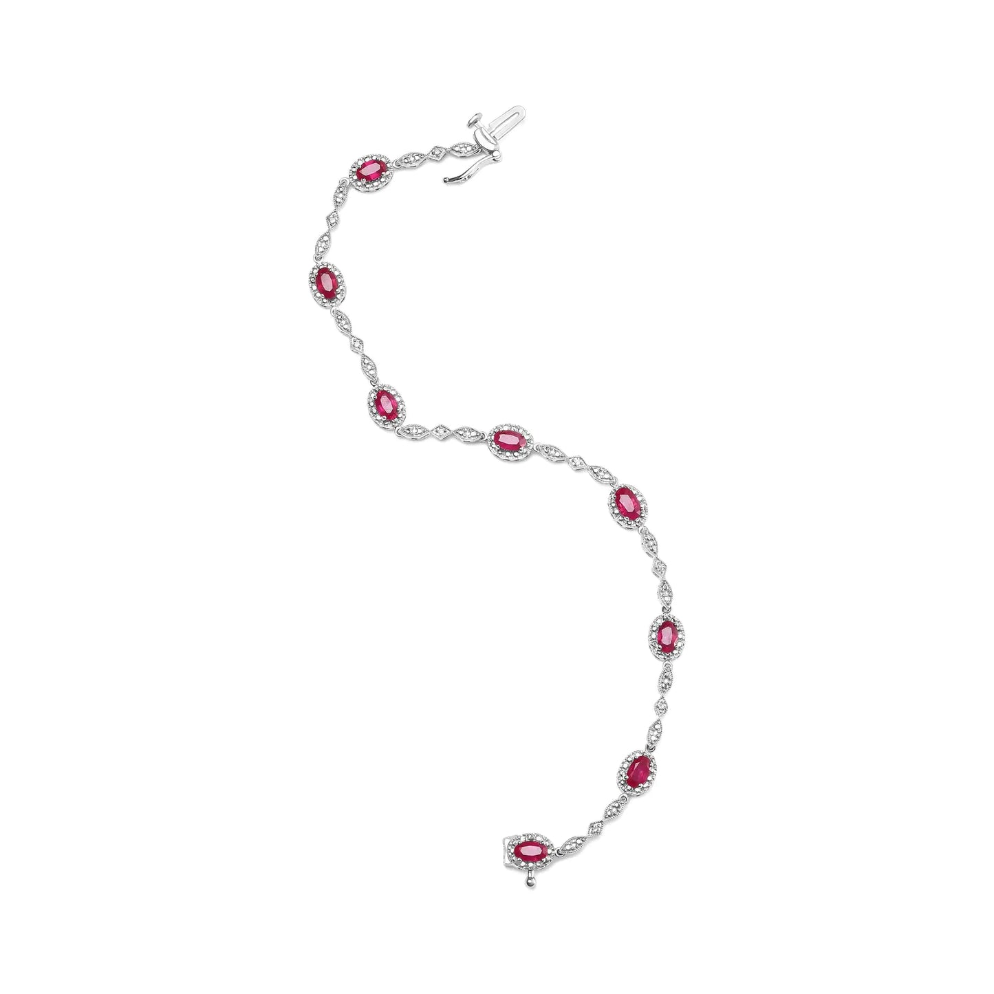 White Gold Oval Ruby and Diamond Link Bracelet