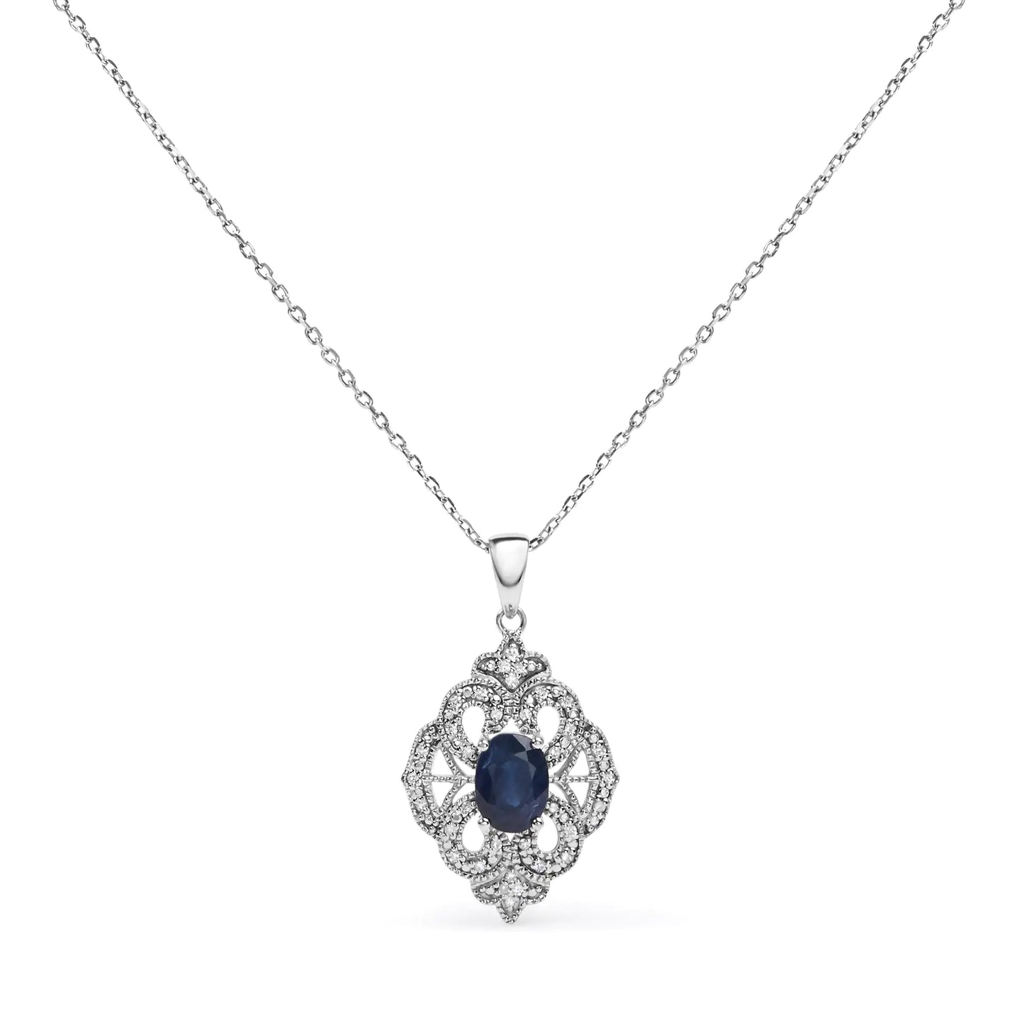 Silver Oval Blue Sapphire and Diamond Accent Art-Deco-Style Shield-Shaped Pendant Necklace