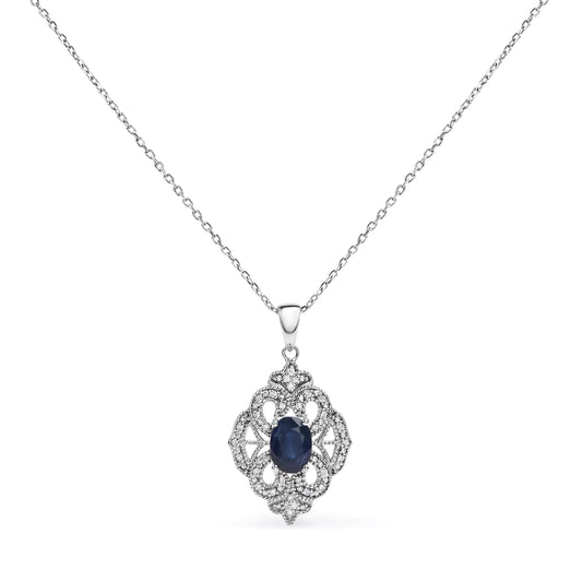 Silver Oval Blue Sapphire and Diamond Accent Art-Deco-Style Shield-Shaped Pendant Necklace