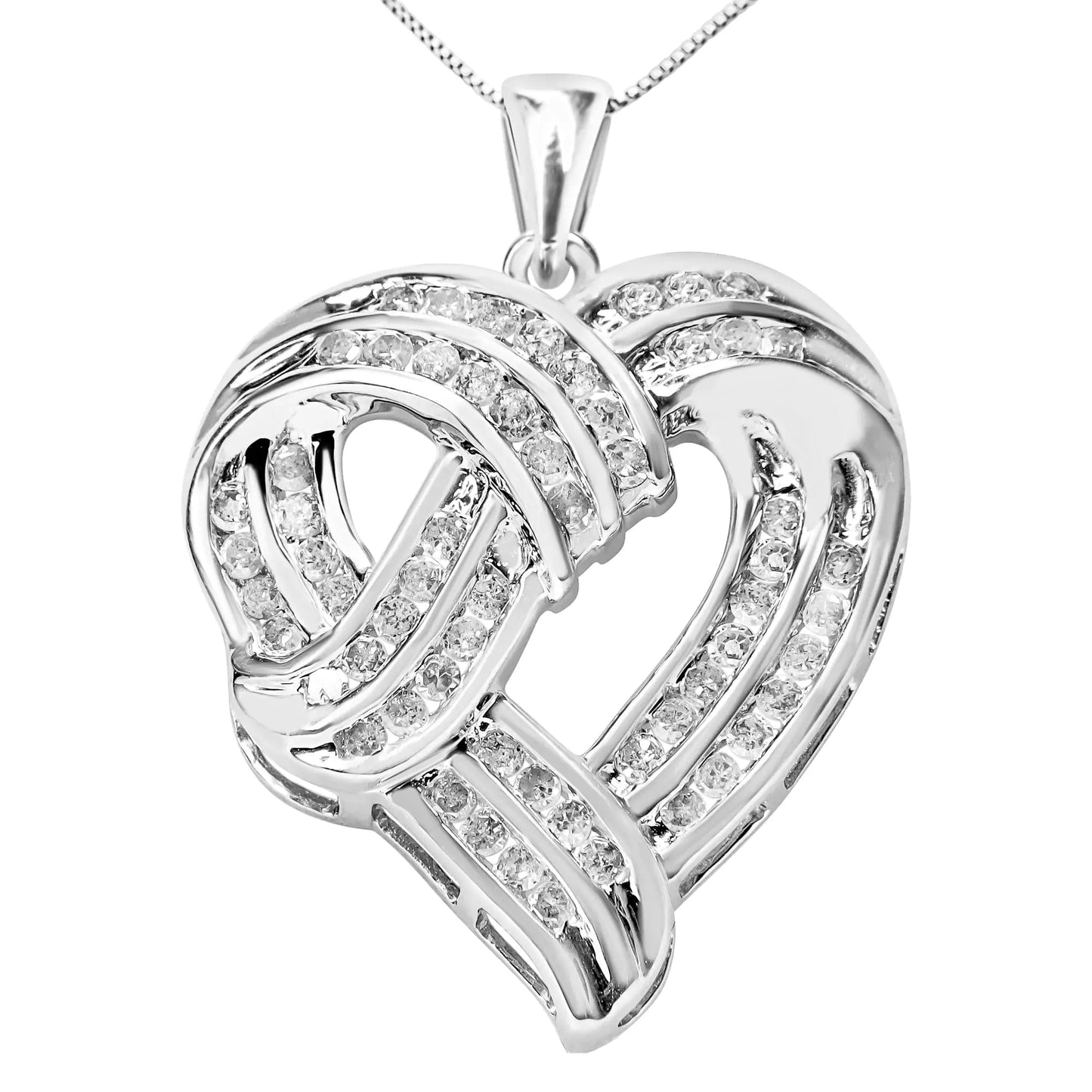 Silver Round Diamond Openwork-Ribbon-Weave Heart Pendant Necklace