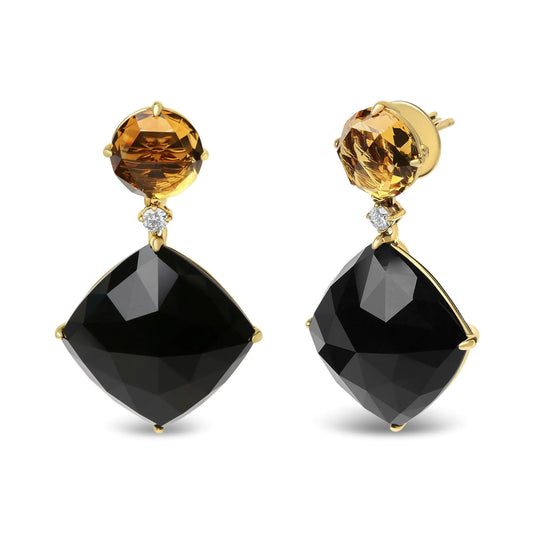 Yellow Gold Diamond with Citrine and Black Onyx Dangle Earrings