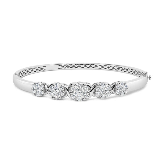 White Gold Diamond Graduating Floral Cluster Bangle Bracelet