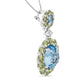 White Gold Round Diamond and Blue Topaz and Green Peridot Halo Drop Pendant Necklace