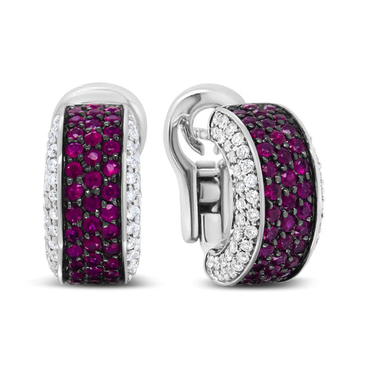 White Gold with Black Rhodium Plating Diamond and Red Ruby Huggie Hoop Earrings