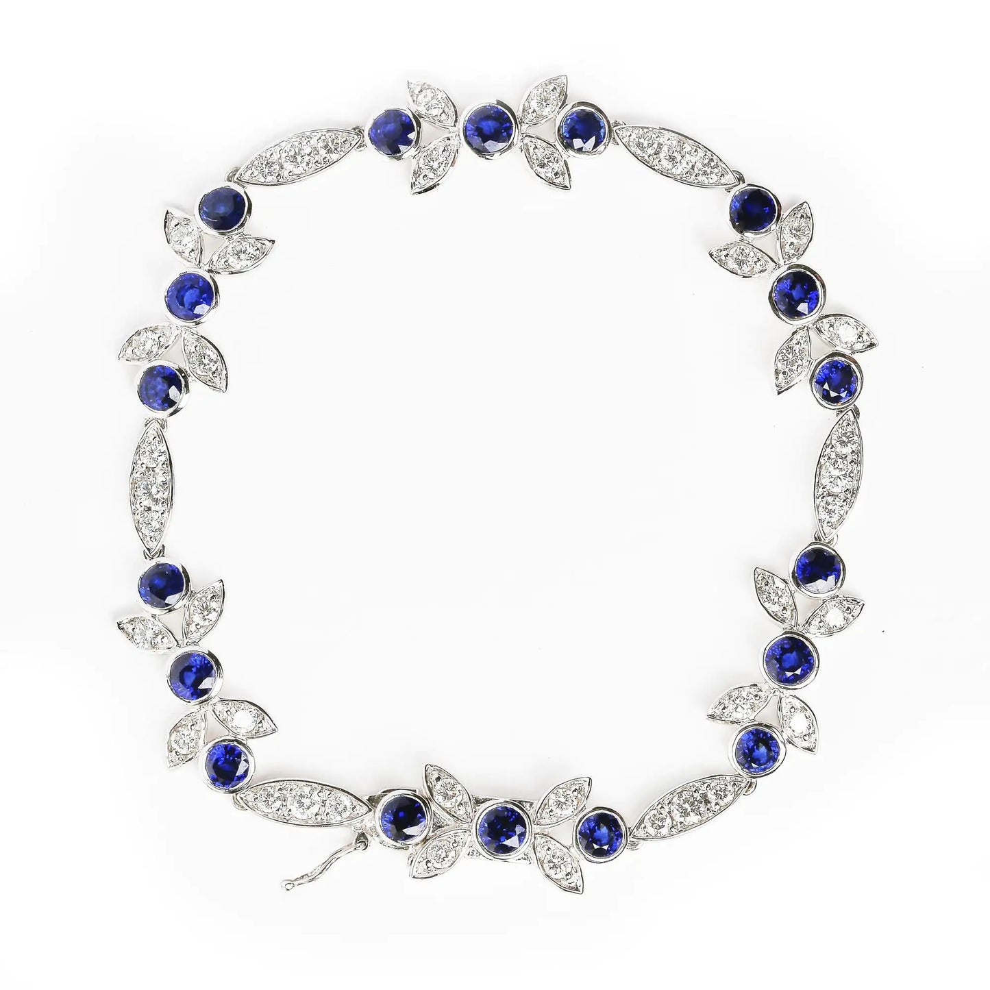 White Gold Diamond and Round Blue Sapphire Gemstone Floral-Link Bracelet