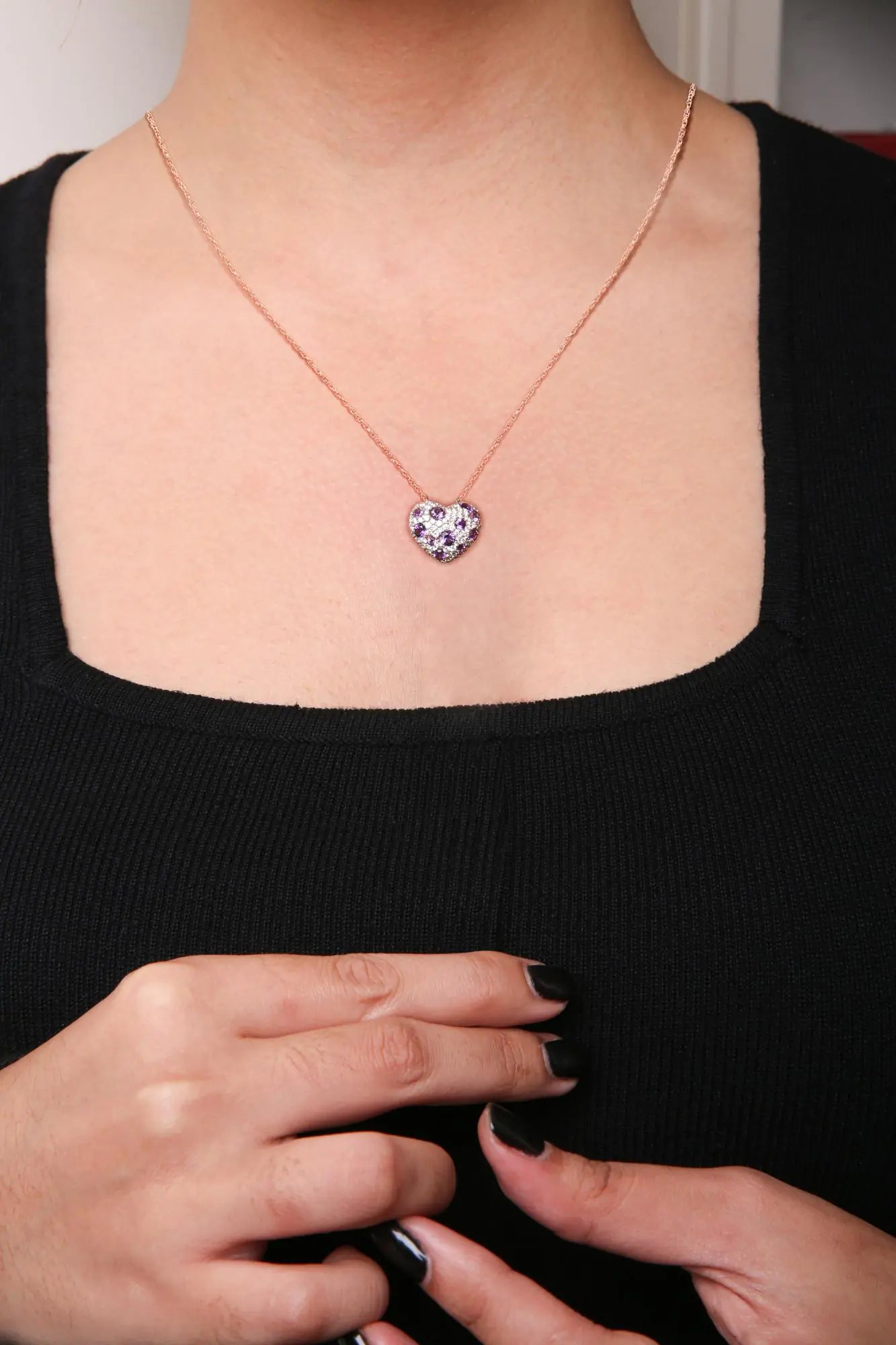 Rose Gold Diamond and Purple Amethyst Cluster Heart-Shape Pendant Necklace