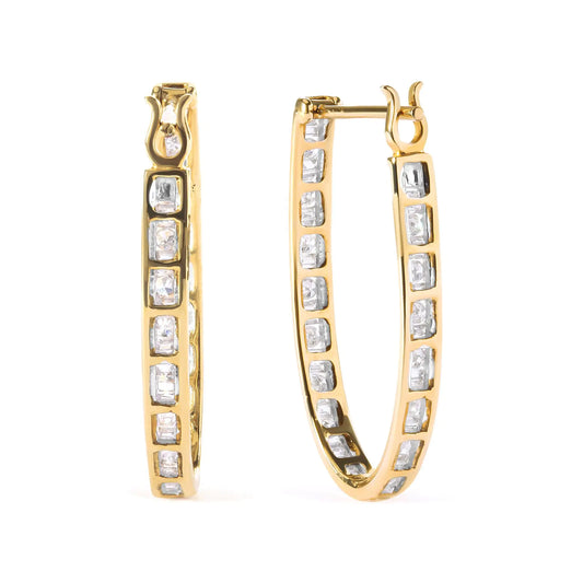 Yellow Gold Round-and-Baguette-Cut Diamond U-Hoop Earrings