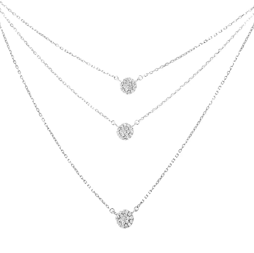 Silver Round Diamond Medallion Multi-Strand Tri-Pendant Necklace