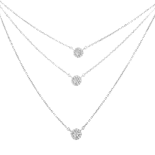 Silver Round Diamond Medallion Multi-Strand Tri-Pendant Necklace