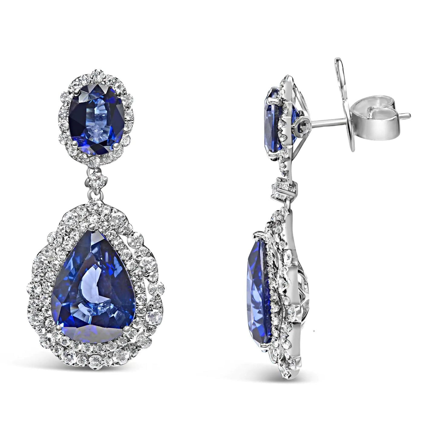 White Gold Blue Sapphire Diamond Halo Drop Dangle Earrings