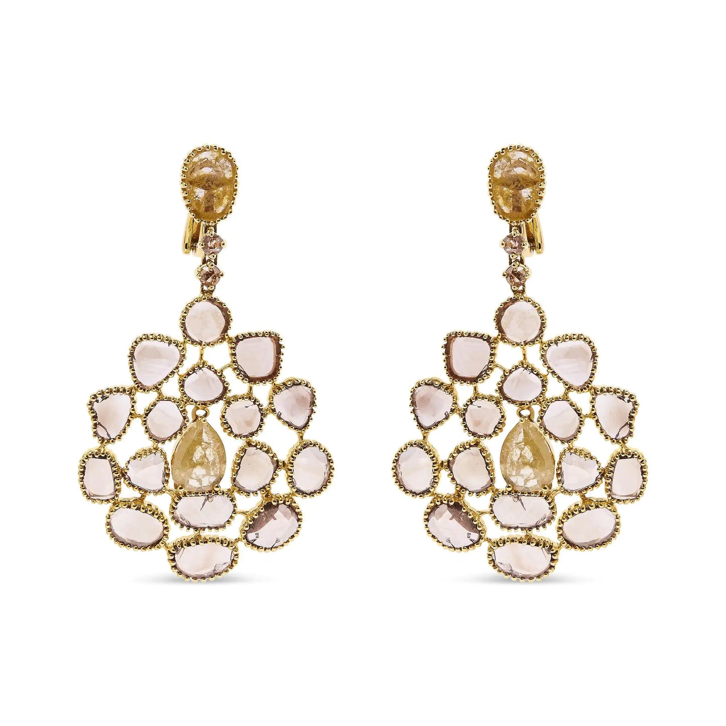 Yellow Gold Rose-Cut-and-Sliced Diamond Chandelier-Style Dangle Earrings