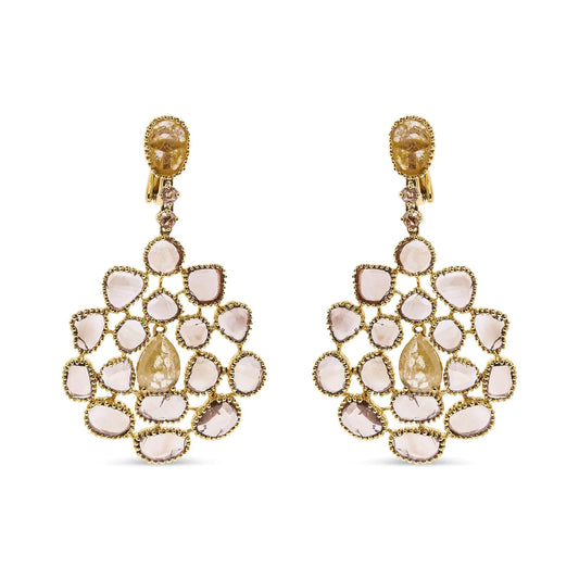 Yellow Gold Rose-Cut-and-Sliced Diamond Chandelier-Style Dangle Earrings