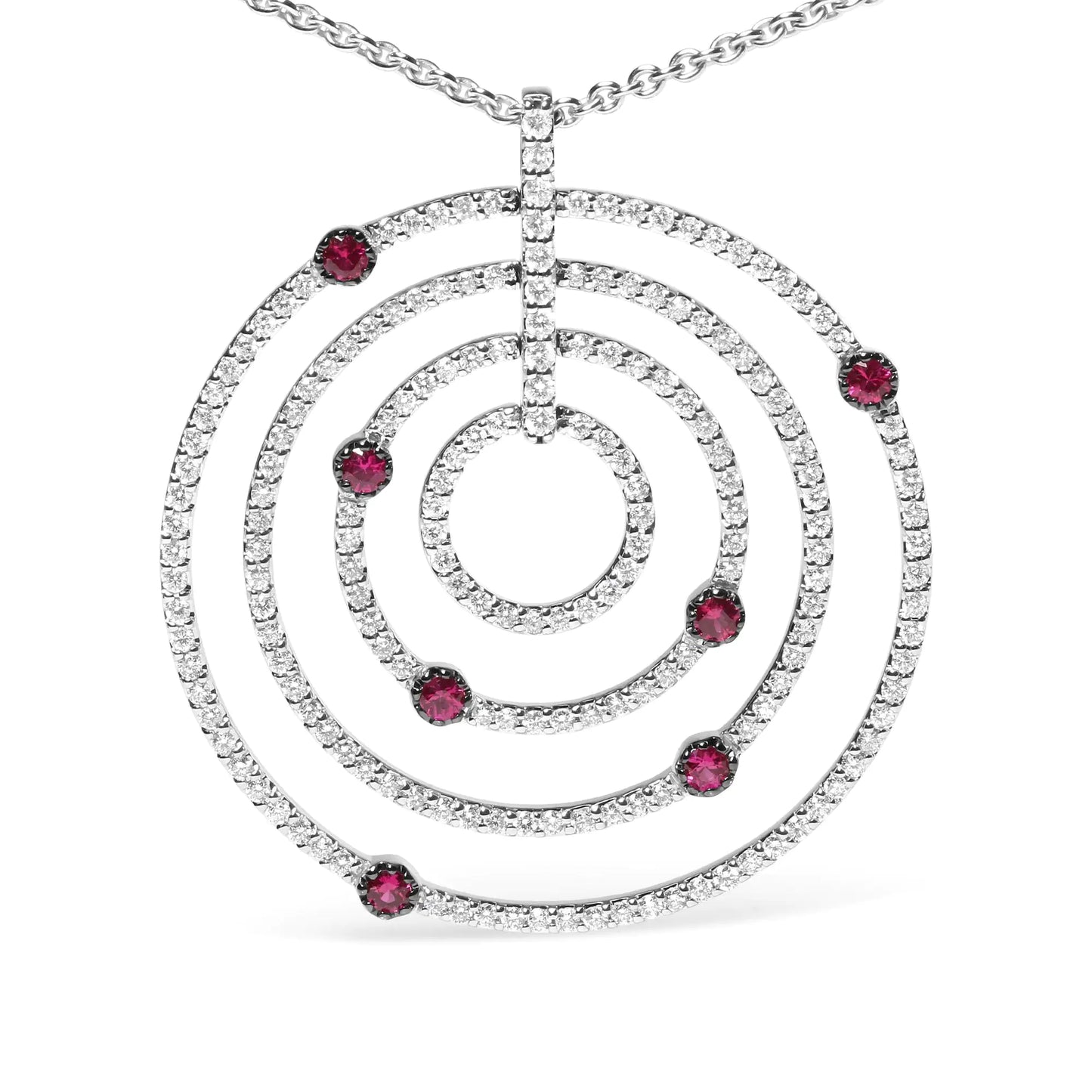 White Gold Pavé-Set Diamonds and Red Ruby Openwork Circles Pendant Necklace