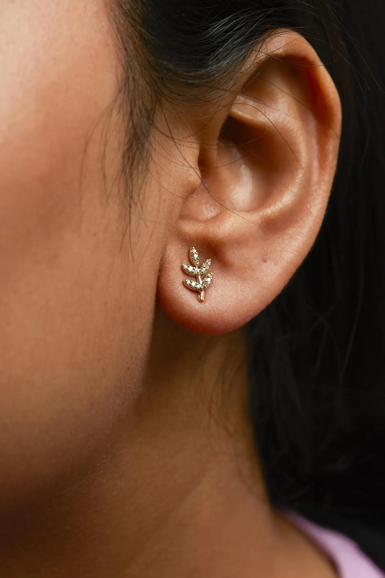 Yellow Gold Diamond-Accented Leaf-and-Branch Stud Earrings